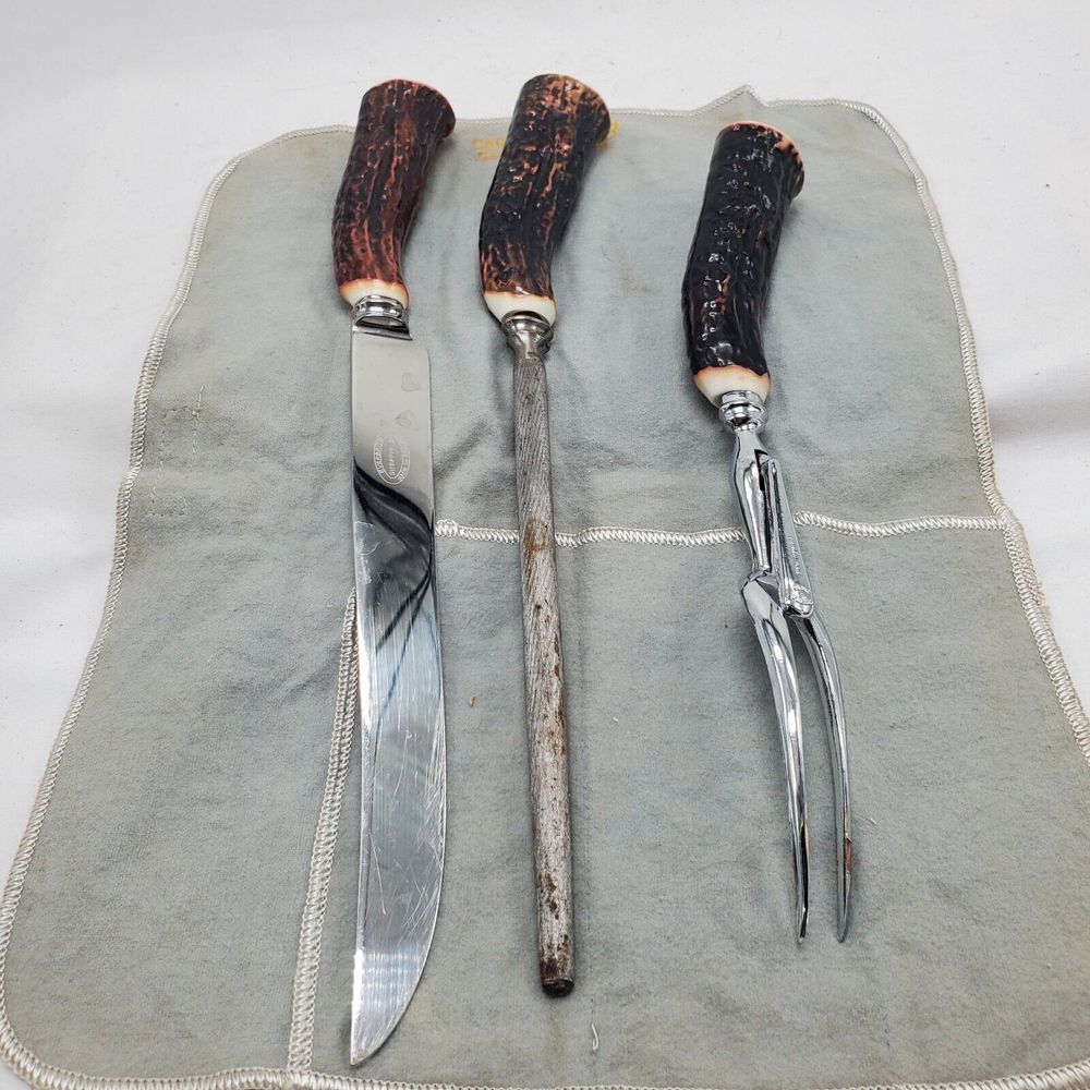 Vintage Sheffield Everbrite Faux Antler 3pc Cutlery Carving Set Made in England - Picture 4 of 9